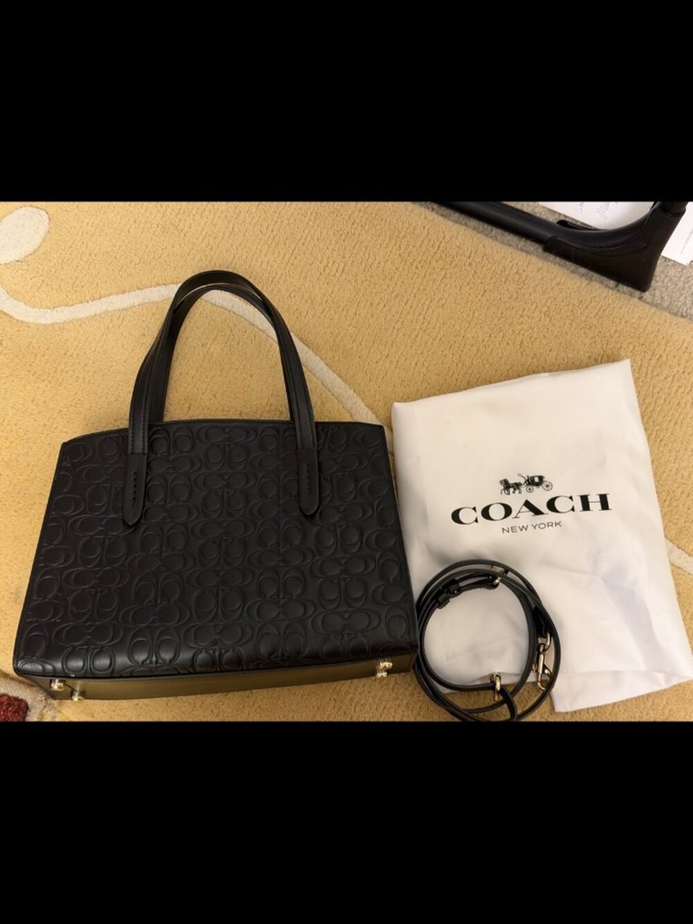 Coach Charlie Carryall 28 - Black Signature Embossed Leather Tote